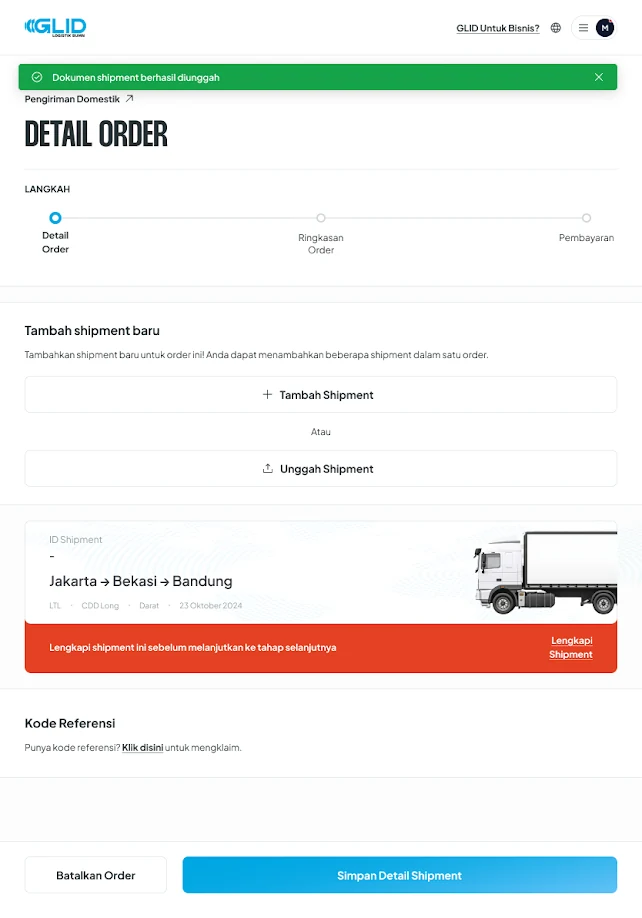 GLID Logistics tablet UI — order details